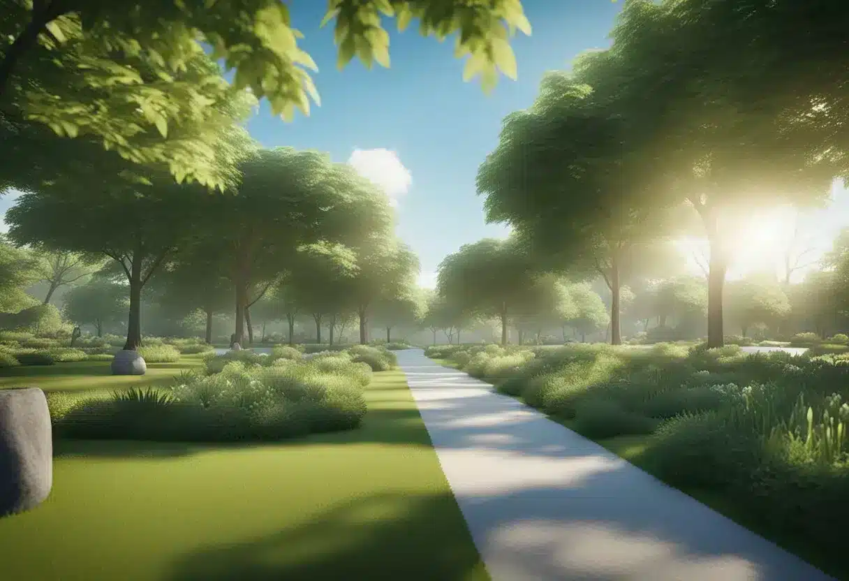 A serene park with lush greenery, a gentle breeze, and a clear blue sky. A peaceful atmosphere with birds chirping and a sense of tranquility