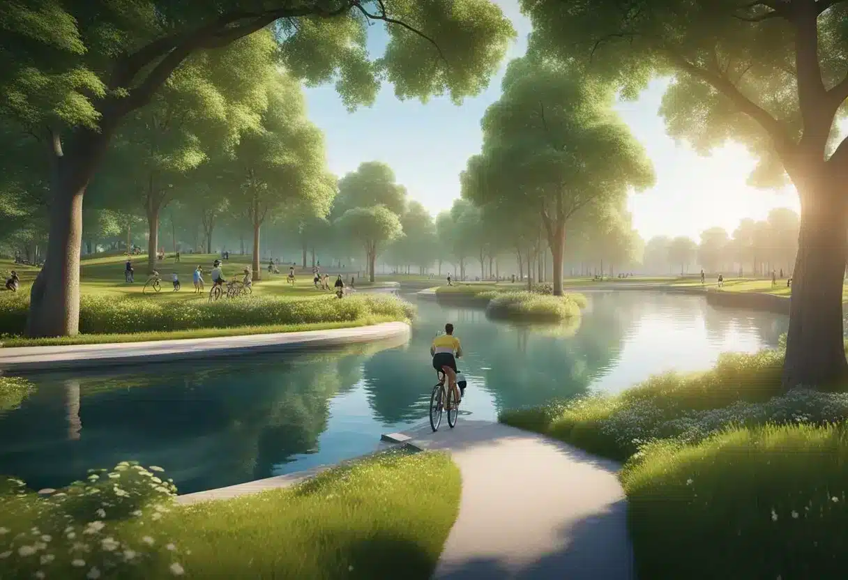 A vibrant park with lush greenery and a clear blue sky. A winding path leads to a serene lake surrounded by trees. In the distance, people are seen jogging and cycling, exuding energy and vitality