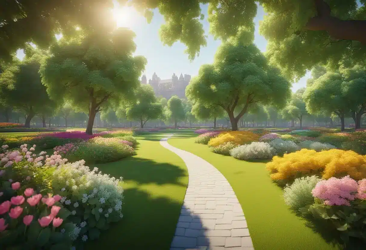A bright, sunny park with vibrant green trees and colorful flowers, showcasing a sense of joy and energy