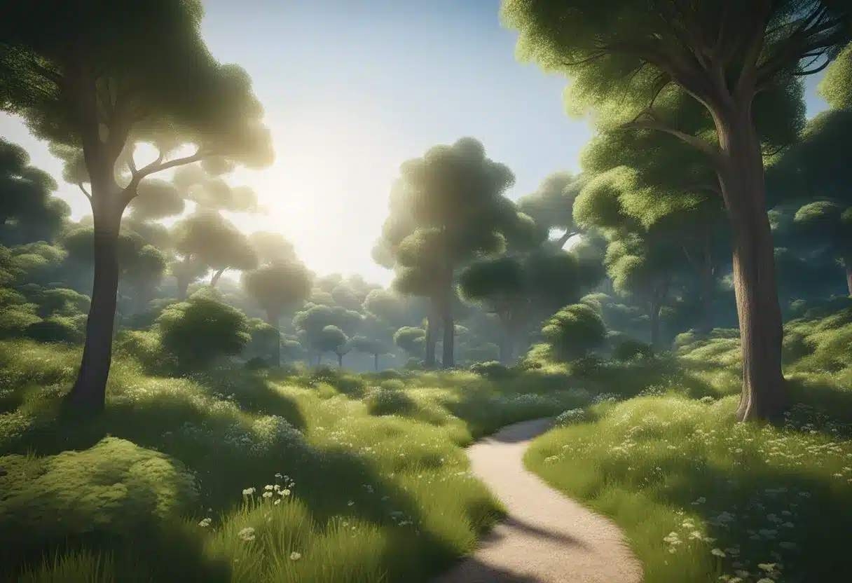 A serene landscape with lush greenery, clear blue skies, and a peaceful atmosphere, evoking a sense of calm and tranquility