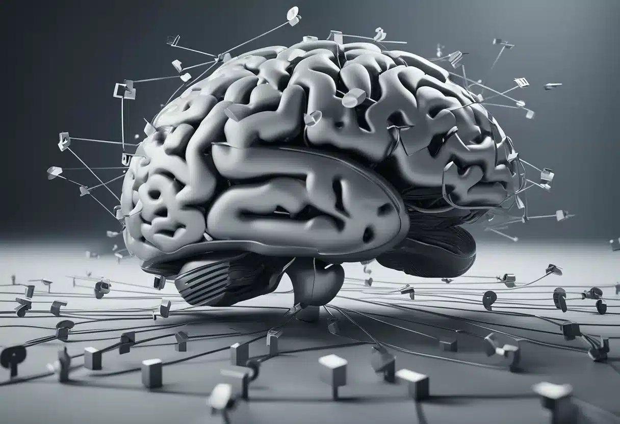 A brain surrounded by question marks, with arrows showing connections and growth