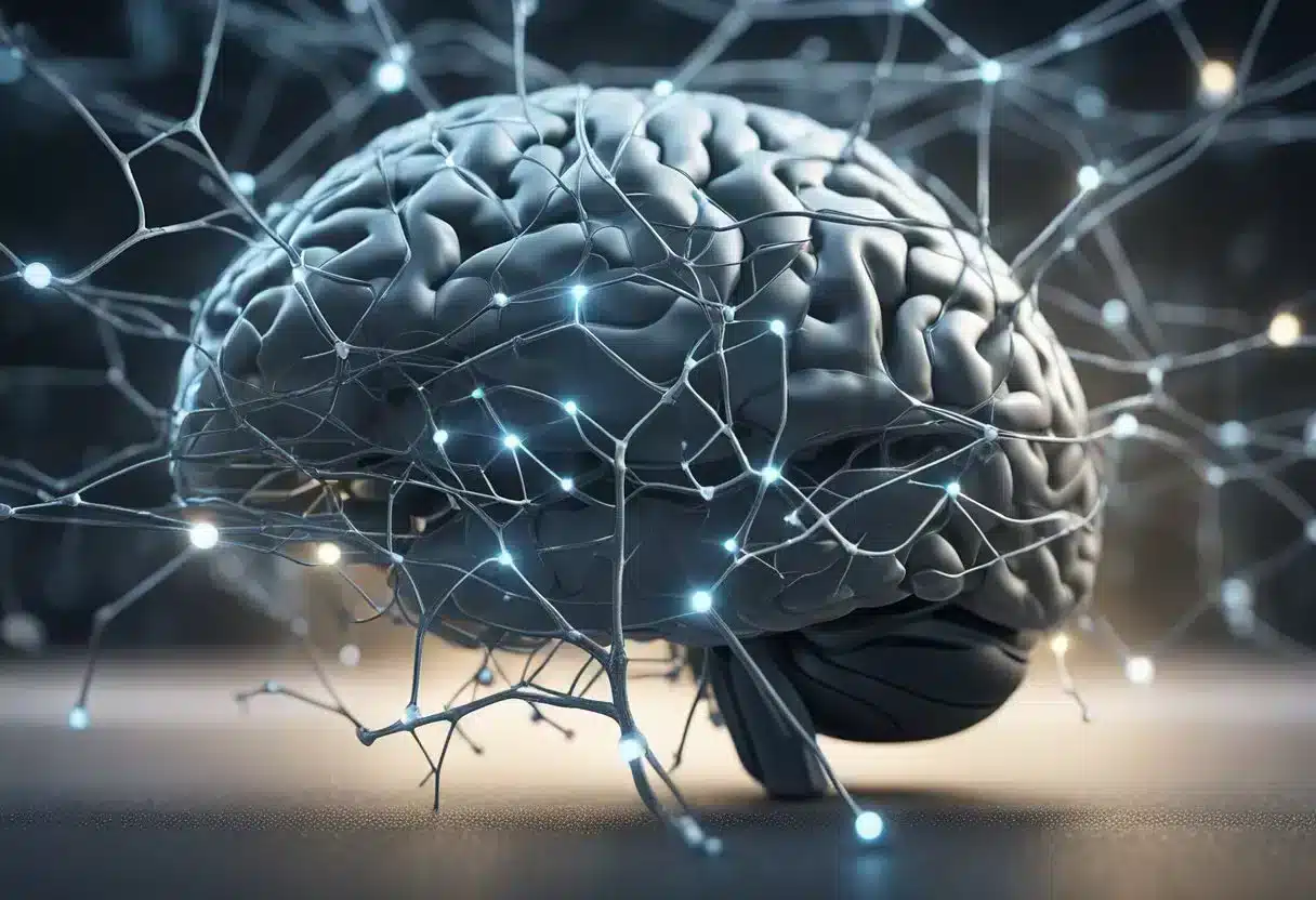 A brain surrounded by interconnected neurons, forming new connections and pathways, representing the concept of brain plasticity and its impact on overall health