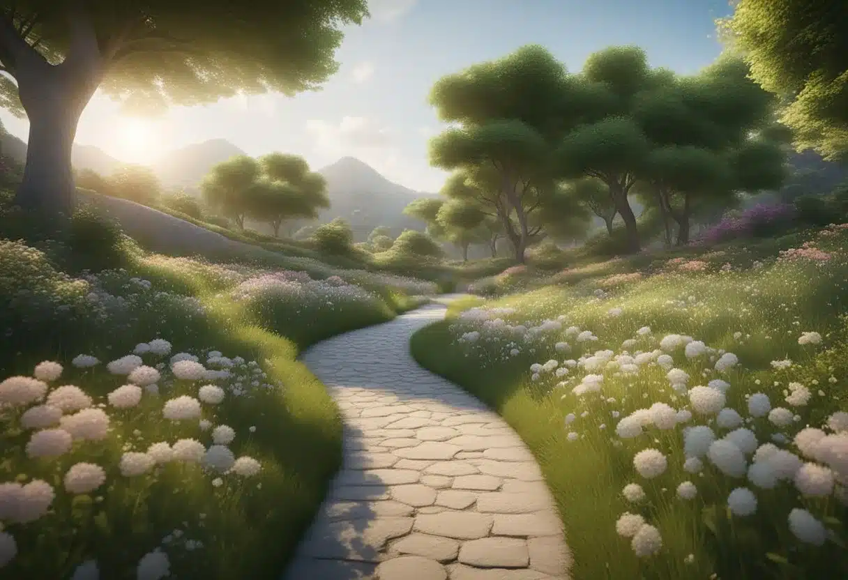 A serene natural landscape with a winding path leading towards a bright, open horizon. Lush greenery and blooming flowers surround the path, evoking a sense of tranquility and renewal