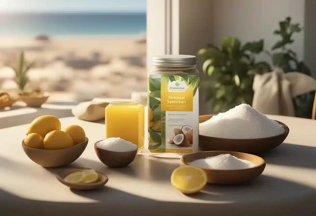 A bright sun shines down on a table filled with natural ingredients like coconut oil, shea butter, and zinc oxide. A recipe book titled "Homemade Sunscreen" is open, with instructions highlighted