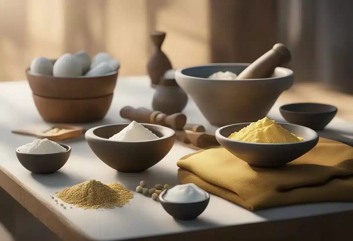 A table with various natural oils, shea butter, and zinc oxide. A mortar and pestle for blending. Sunscreen recipe book open