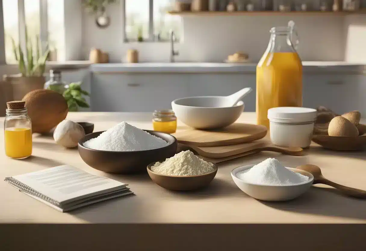 A table with various natural ingredients like coconut oil, shea butter, and zinc oxide. A mixing bowl, measuring spoons, and a recipe book open to "Homemade Sunscreen" page