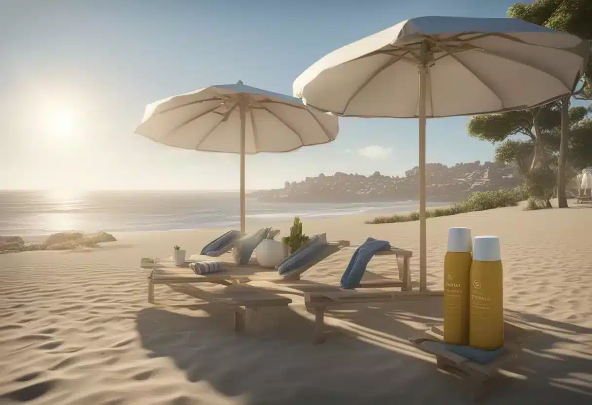 A beach scene with two sunscreens side by side, one labeled "Commercial" and the other "Homemade." The sun is shining down, and the ocean is in the background