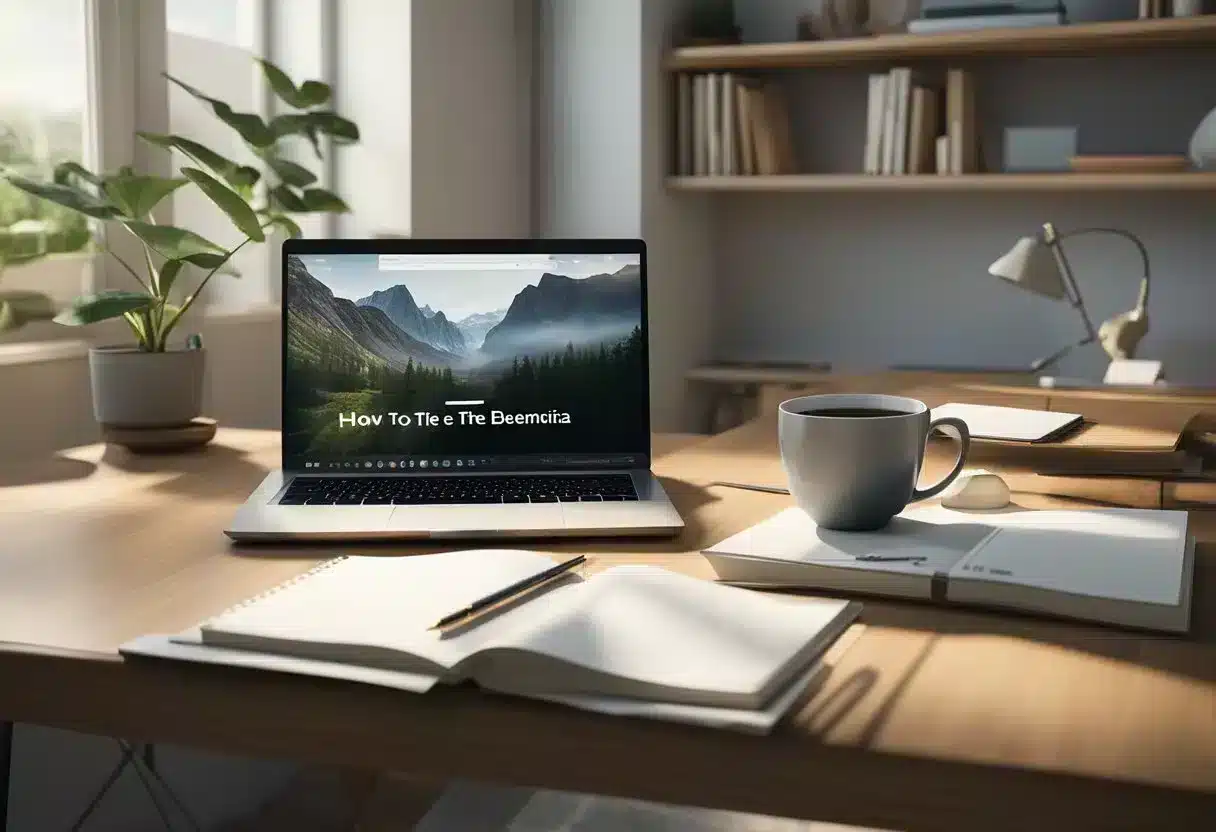 A serene, organized desk with a laptop open to a webpage titled "How to Reduce the Probability of Getting Dementia." A cup of tea and a notebook with a pen sit beside the computer