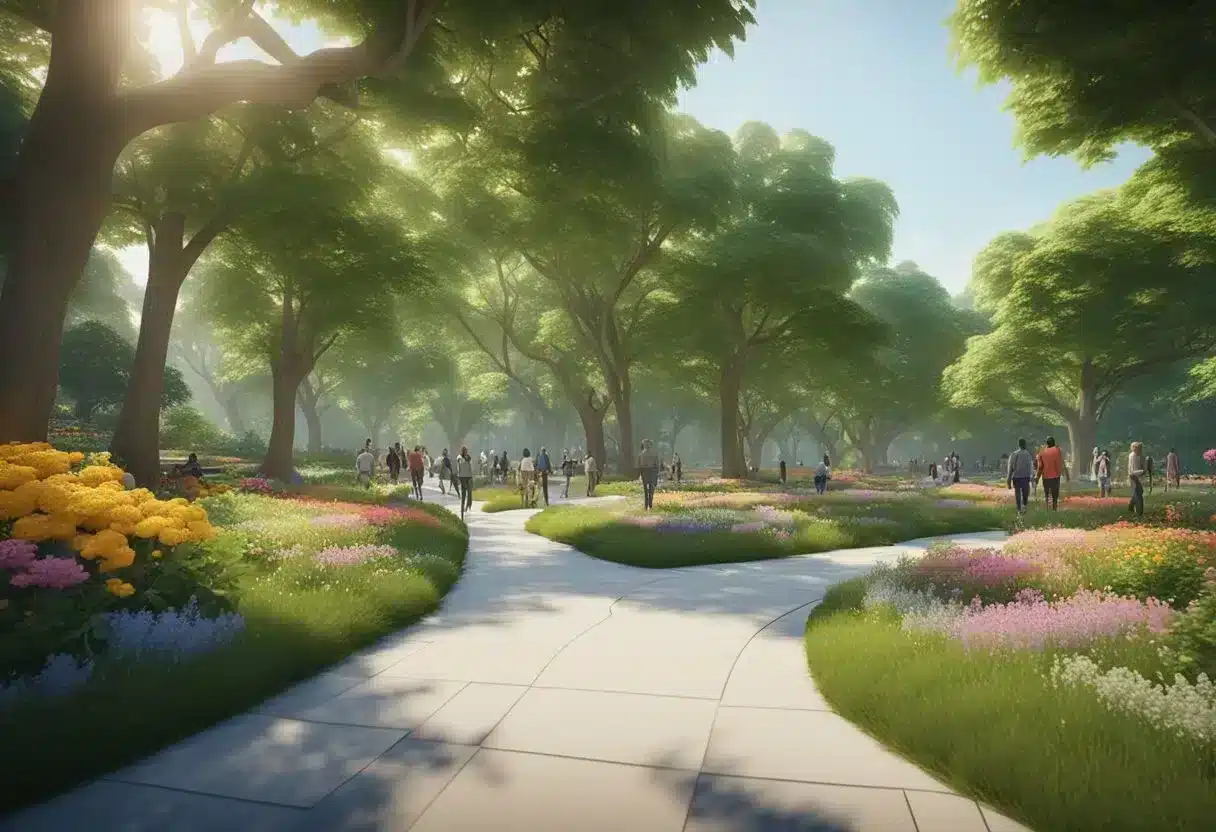 A serene park with a winding path, surrounded by vibrant green trees and colorful flowers. A group of people engaged in various activities like exercising, socializing, and playing games