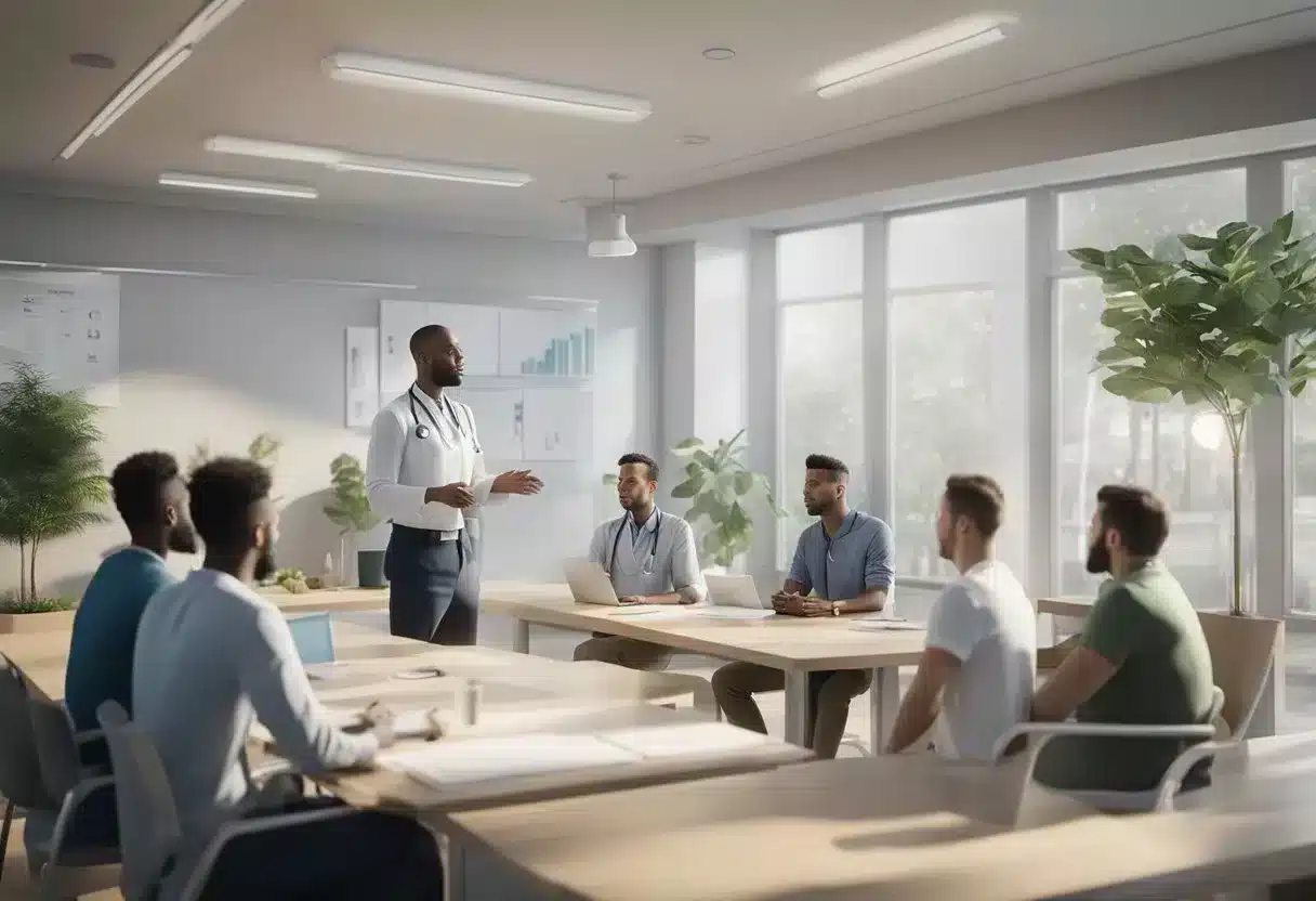 A doctor explaining healthy lifestyle habits to a group of attentive listeners in a bright, modern medical office
