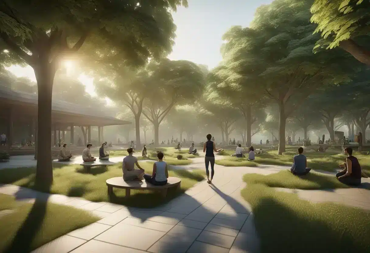 A serene park with people engaged in various activities, such as exercising, socializing, and meditating, surrounded by greenery and natural elements