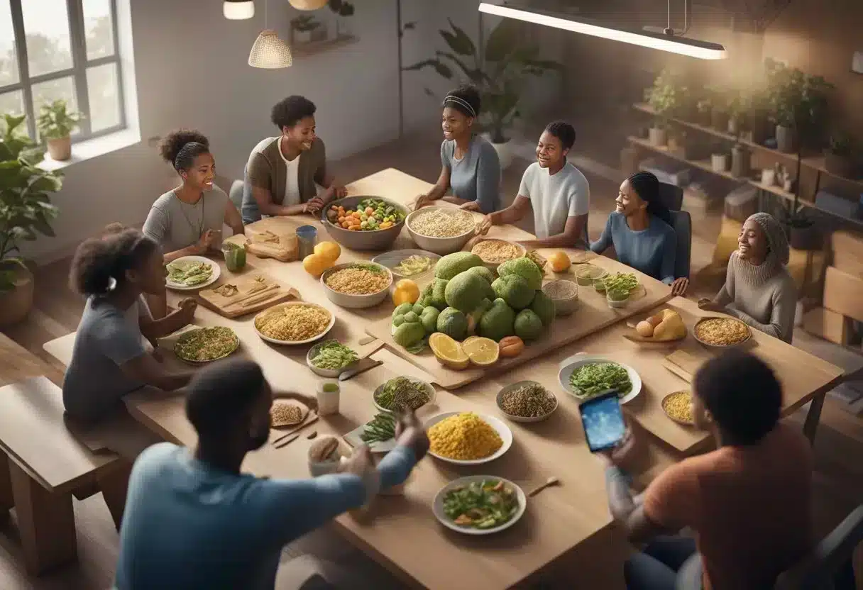 A diverse group of people engaging in activities promoting brain health, such as exercise and healthy eating, while surrounded by symbols of different cultures and ethnicities