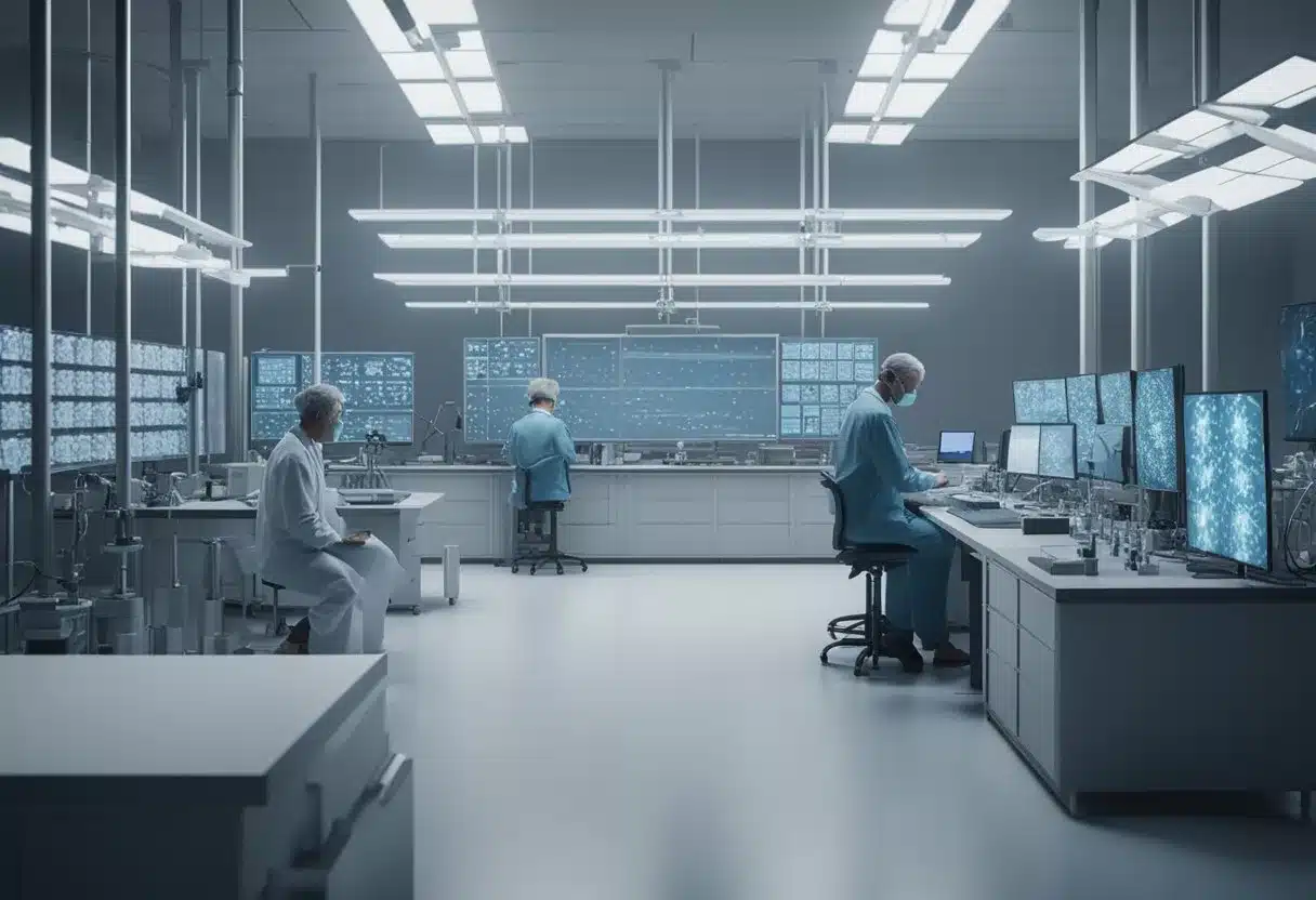 Scientists in a lab, surrounded by test tubes and microscopes, analyzing brain scans and genetic data related to dementia research