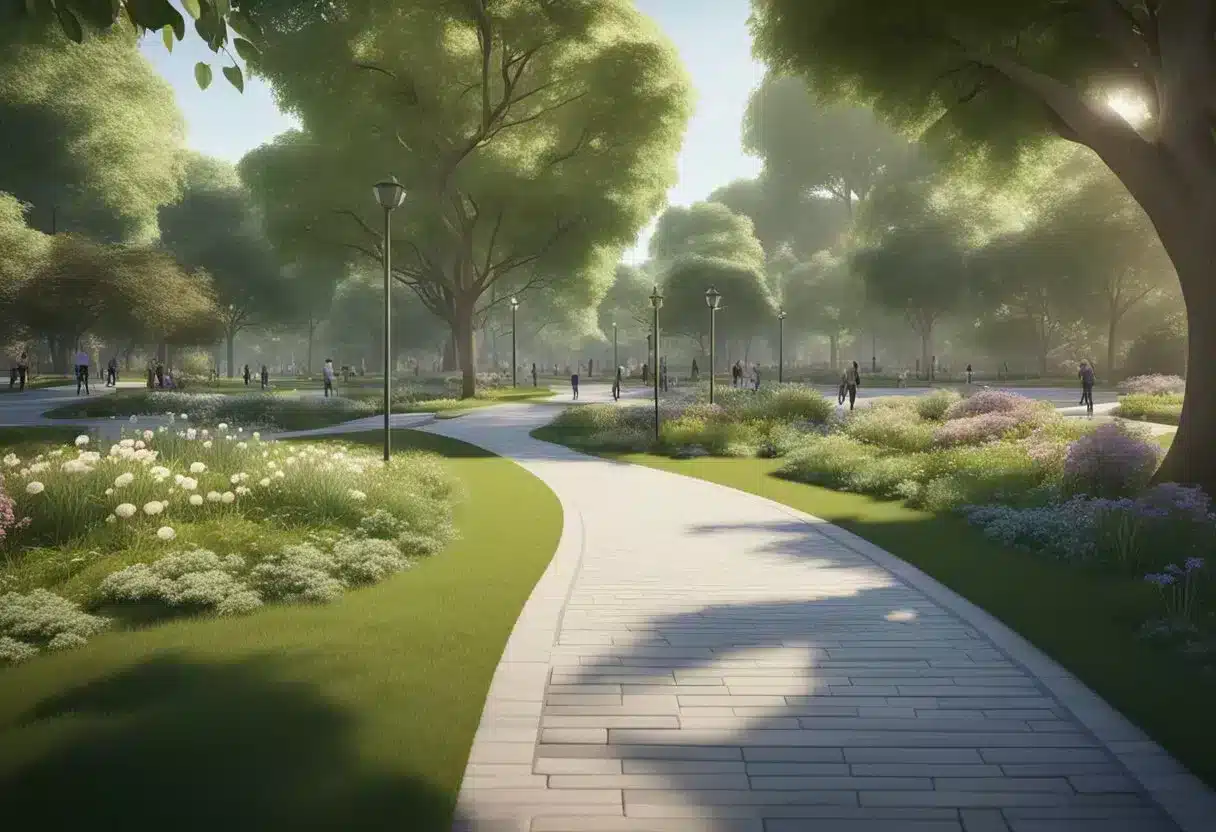 A serene park with winding paths, exercise stations, and people engaging in social activities. A signpost with tips for mental stimulation and healthy lifestyle choices