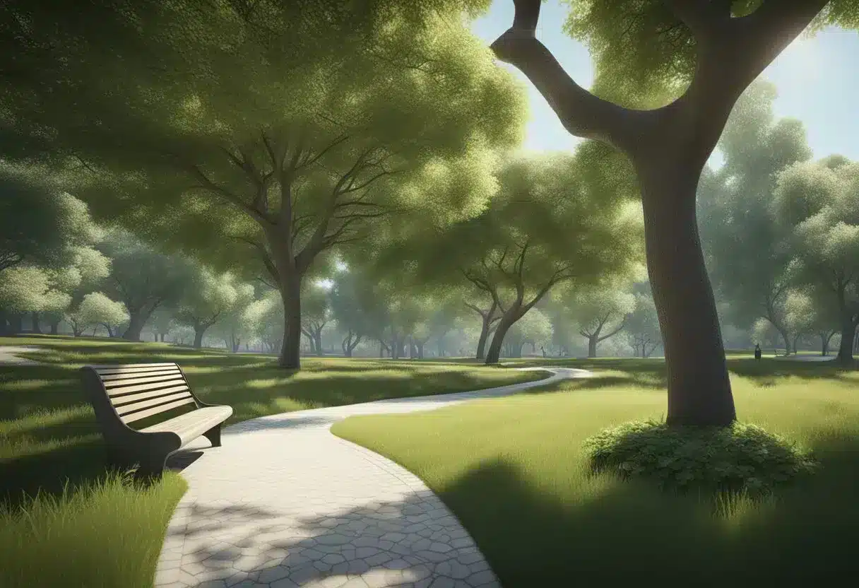 A serene park with greenery and a winding path, a bench under a shady tree, and a clear blue sky overhead, evoking peace and tranquility
