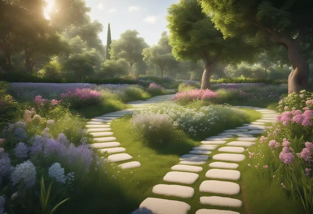 A serene landscape with a winding path leading to a vibrant garden, surrounded by lush greenery and blooming flowers, evoking a sense of peace and tranquility