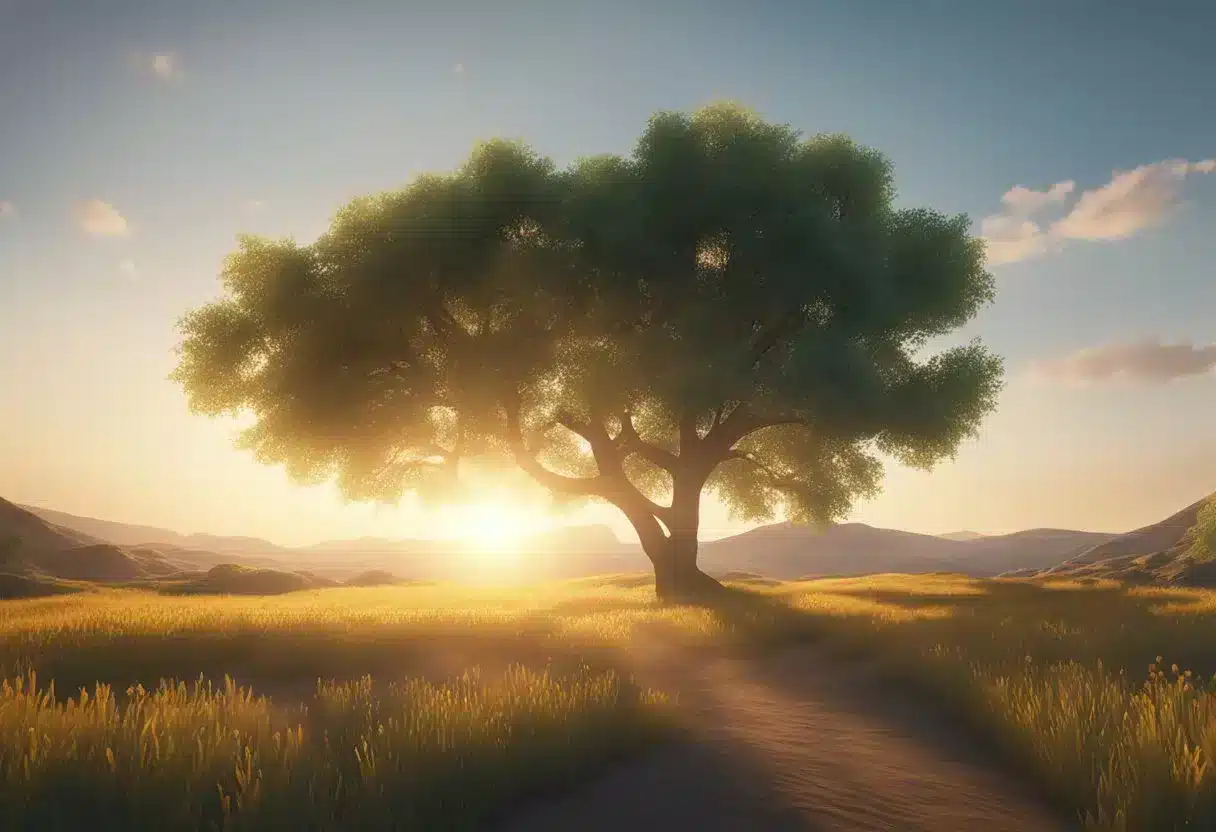 A bright sun shining over a calm, serene landscape with vibrant colors and a sense of tranquility