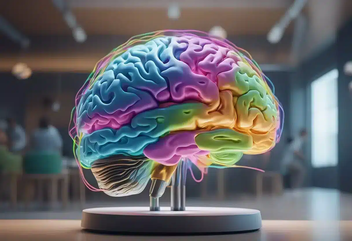 A colorful brain scan shows activity in the happiness center. Waves of emotion radiate from the center, symbolizing emotional resonance