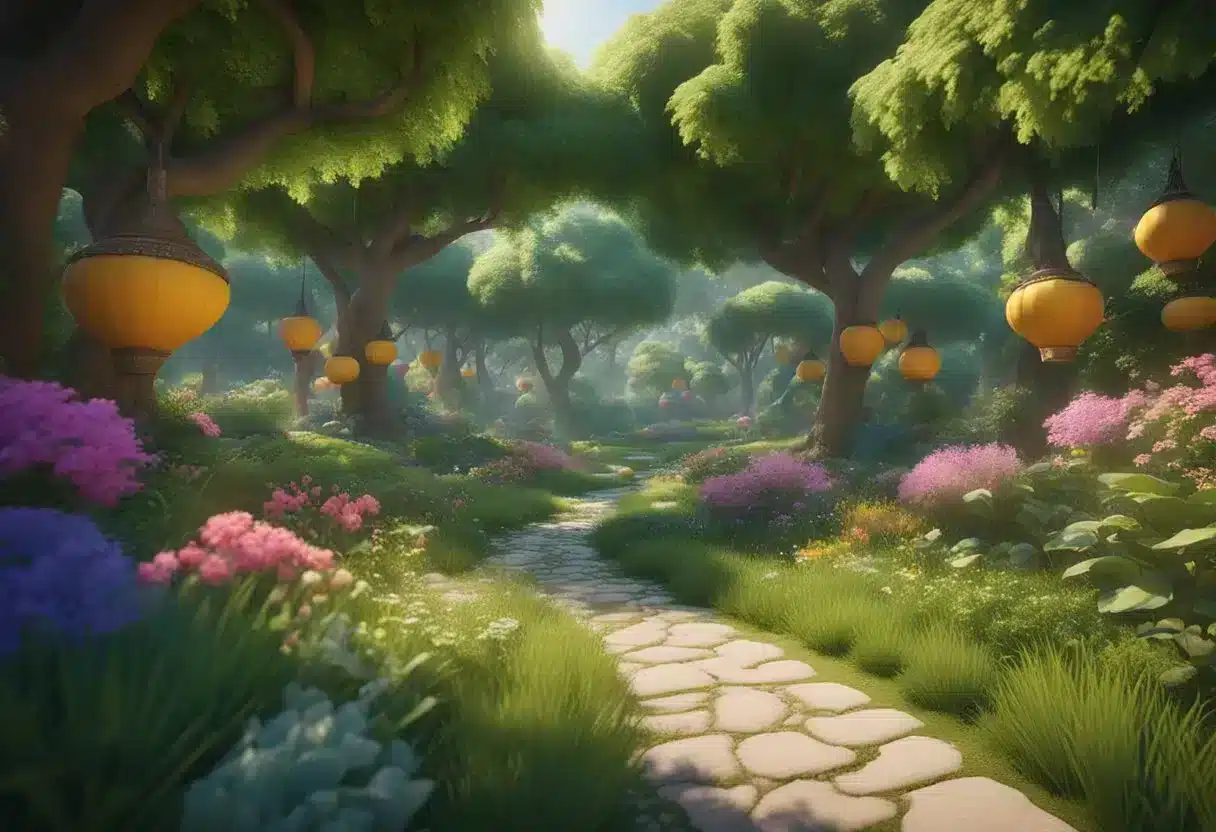 A vibrant, lush landscape with diverse cultural symbols and joyful expressions, evoking a sense of emotional resonance and happiness