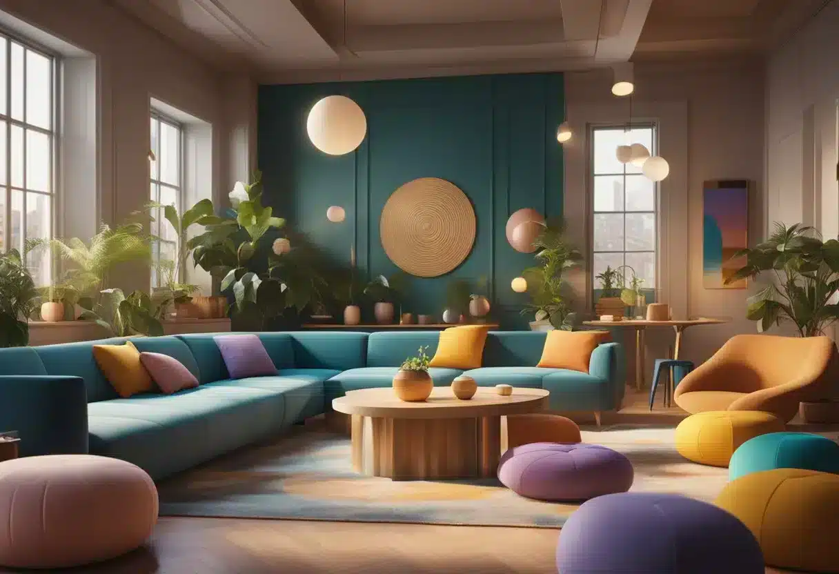 A group of diverse shapes and colors gather together, radiating warmth and joy, symbolizing the social dimension of emotion and happiness