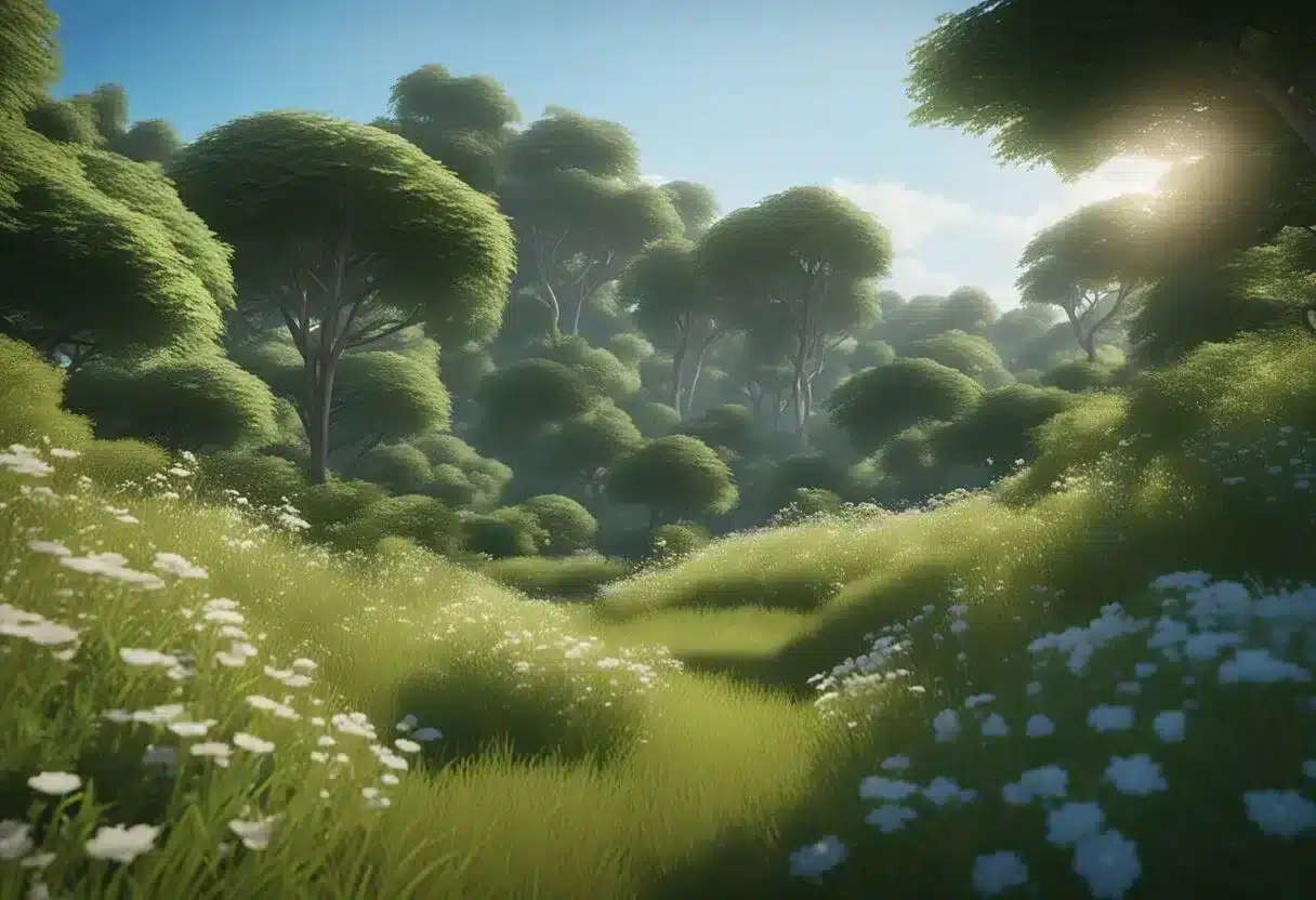 A serene landscape with a clear blue sky, lush greenery, and a gentle breeze. A peaceful setting that evokes feelings of contentment and joy