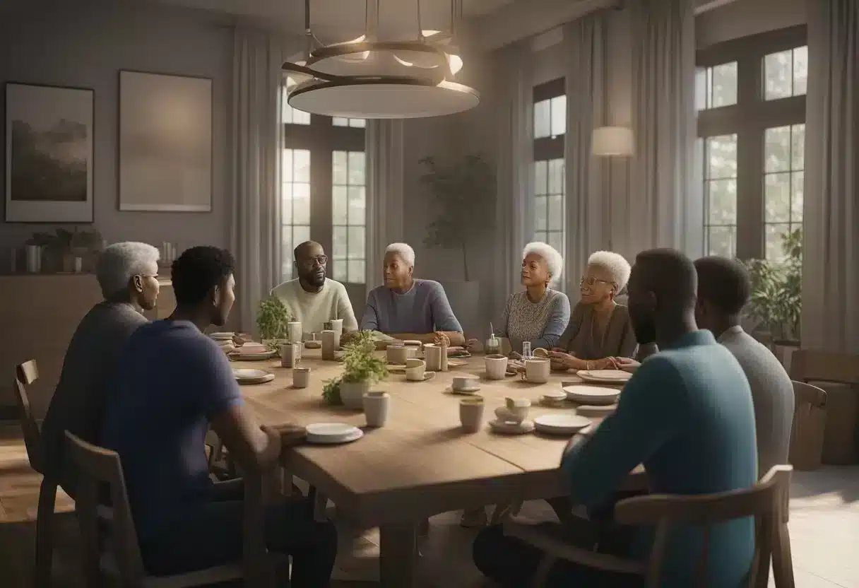A group of diverse individuals gather around a table, discussing and sharing information about Alzheimer's disease prevention and support resources