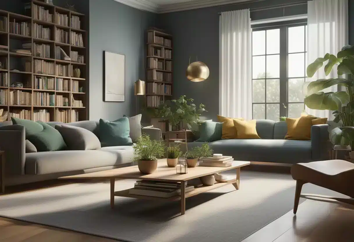 A serene, clutter-free living room with a yoga mat, healthy snacks, and a bookshelf filled with brain-boosting literature