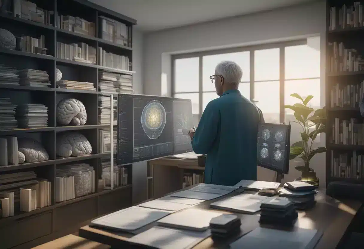 A researcher examines brain scans and charts, surrounded by books and medical equipment, pondering the question of reducing Alzheimer's risk