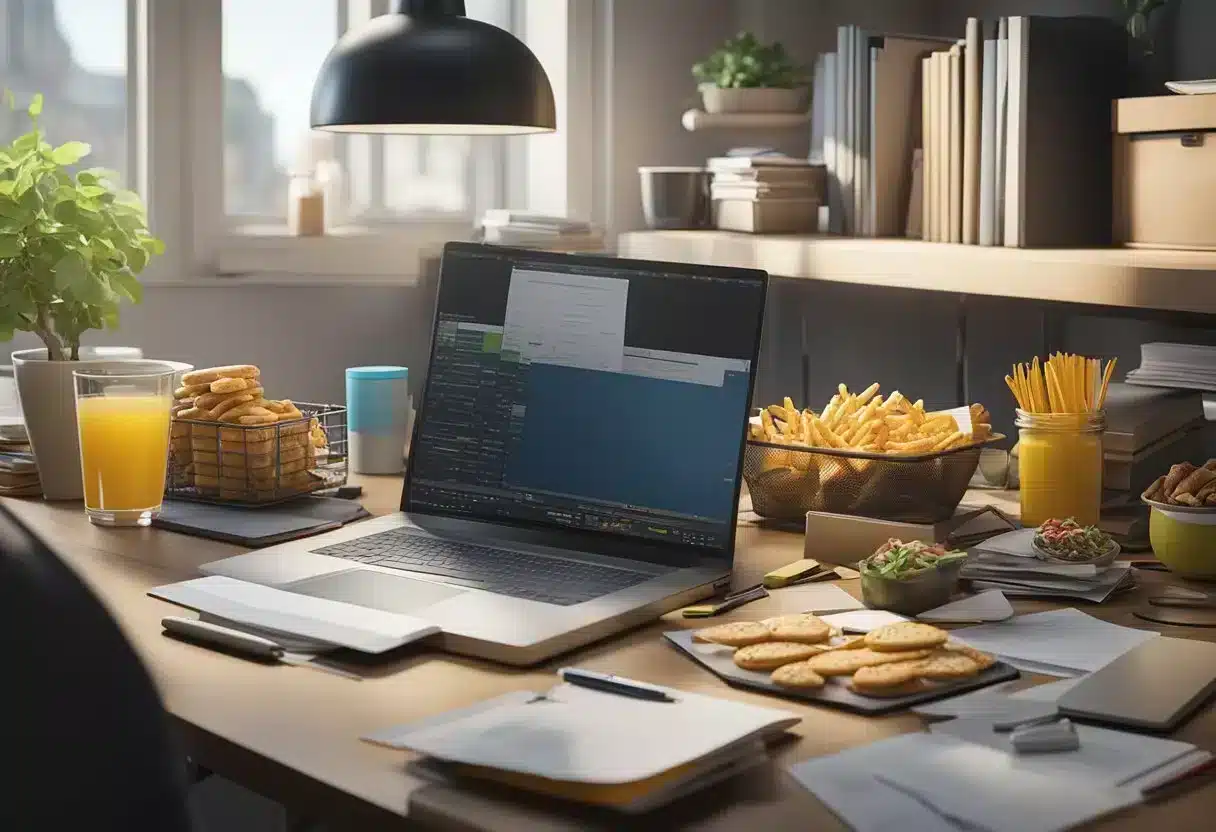 A cluttered desk with junk food, electronic devices, and stress-inducing paperwork
