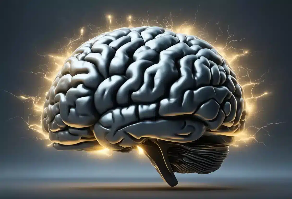 A brain surrounded by various factors like stress, poor diet, lack of sleep, and sedentary lifestyle. Negative influences are depicted by dark clouds or shadows