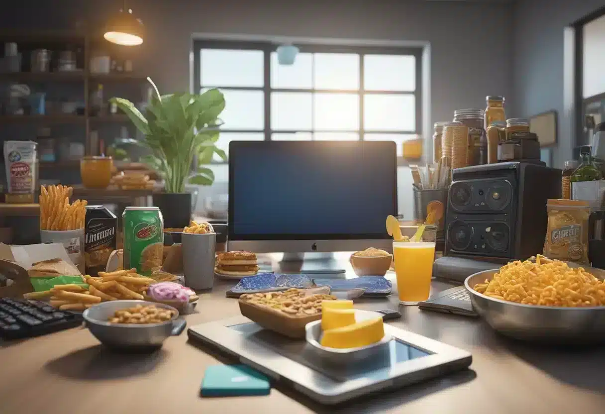 A cluttered desk with junk food, alcohol, and electronic devices