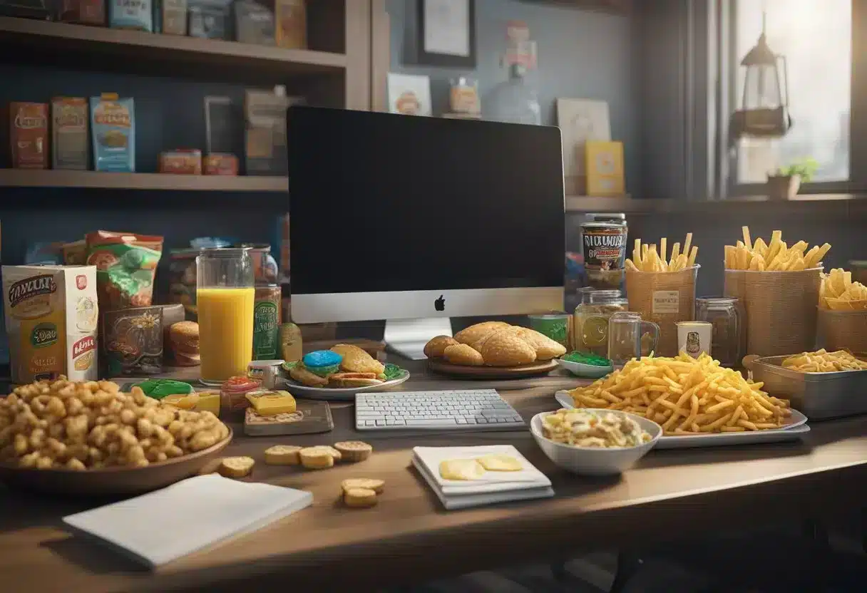 A cluttered desk with junk food, alcohol, and a lack of natural light