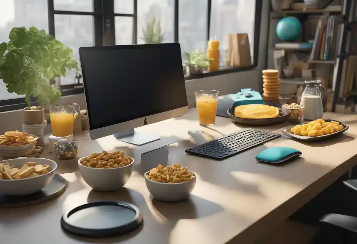 A cluttered desk with unhealthy snacks and a sedentary lifestyle, contrasted with a tidy desk, healthy snacks, and exercise equipment