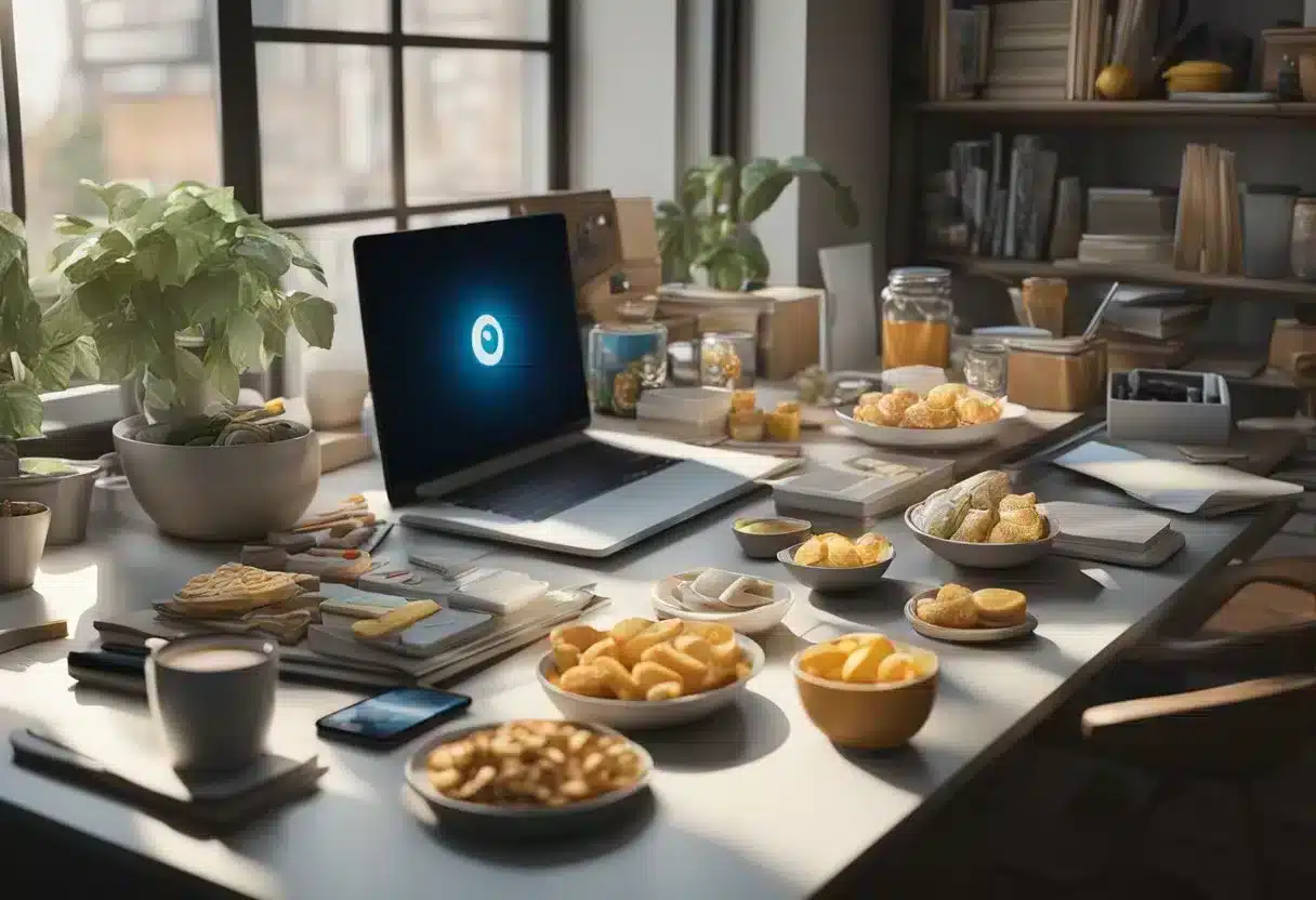 A cluttered desk with unhealthy snacks, electronic devices, and a lack of natural light