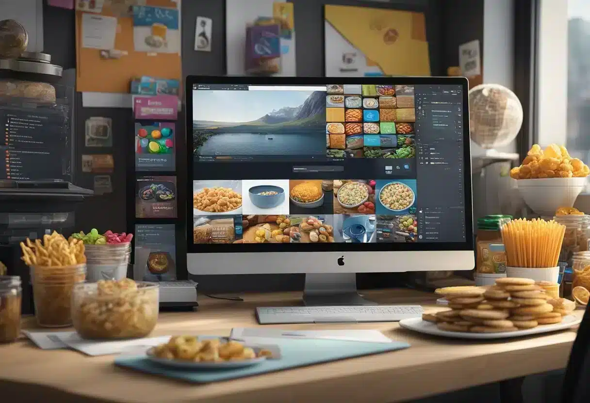 A cluttered desk with unhealthy snacks and a computer screen showing social media