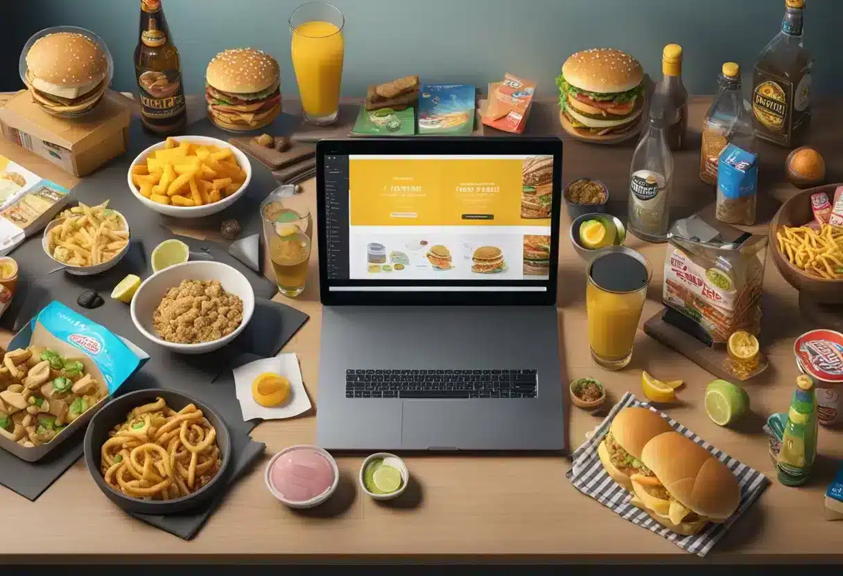 A cluttered desk with junk food, alcohol, and a lack of exercise equipment