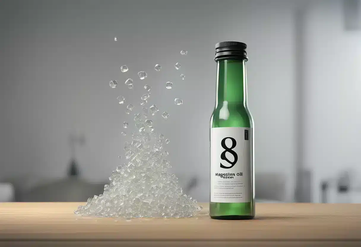 A bottle of magnesium oil surrounded by question marks and a list of benefits and risks