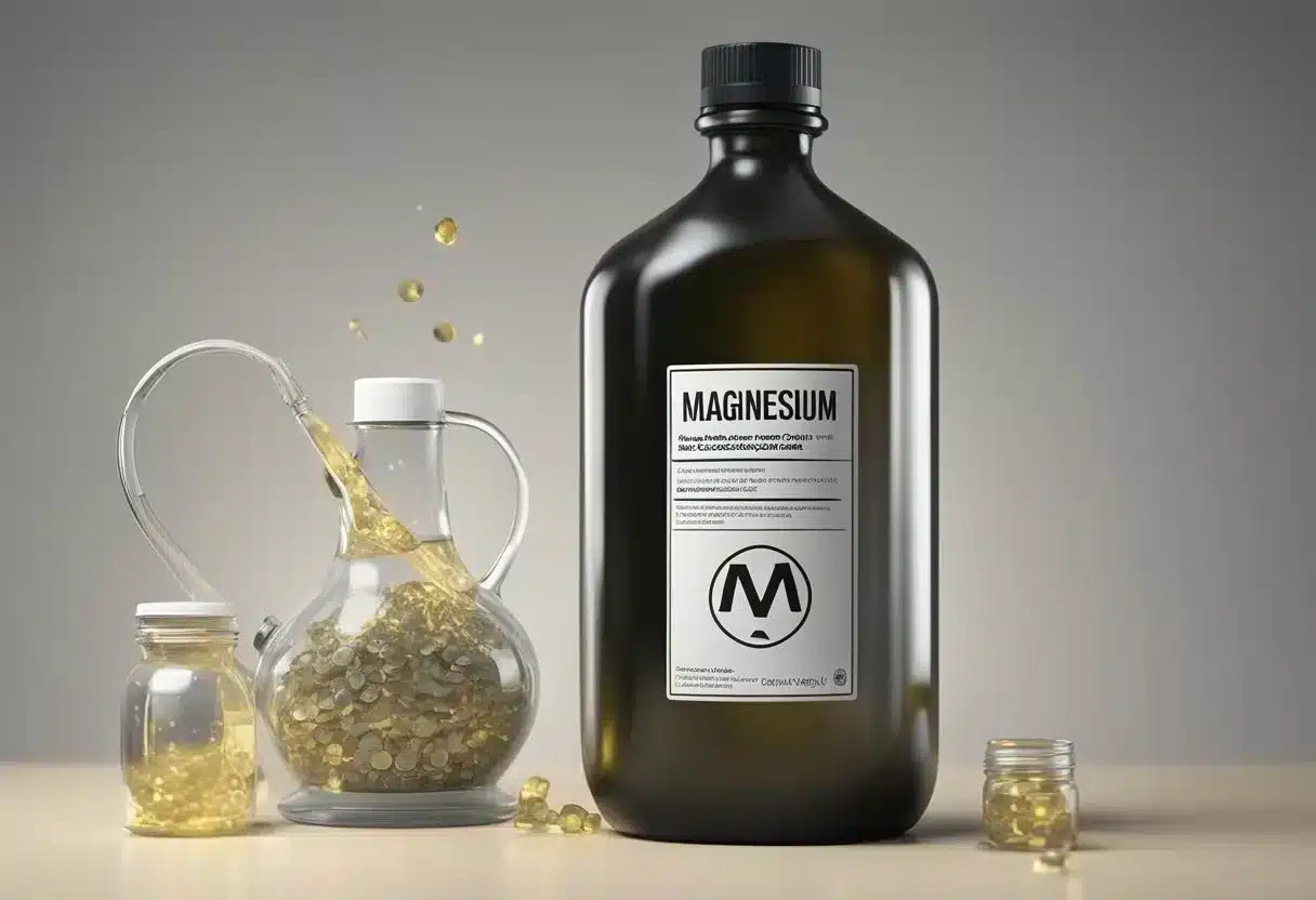 A bottle of magnesium oil with a caution sign next to it, surrounded by various potential risks and benefits labeled around it
