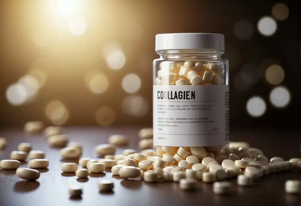 A bottle of collagen supplements surrounded by question marks and a list of common inquiries
