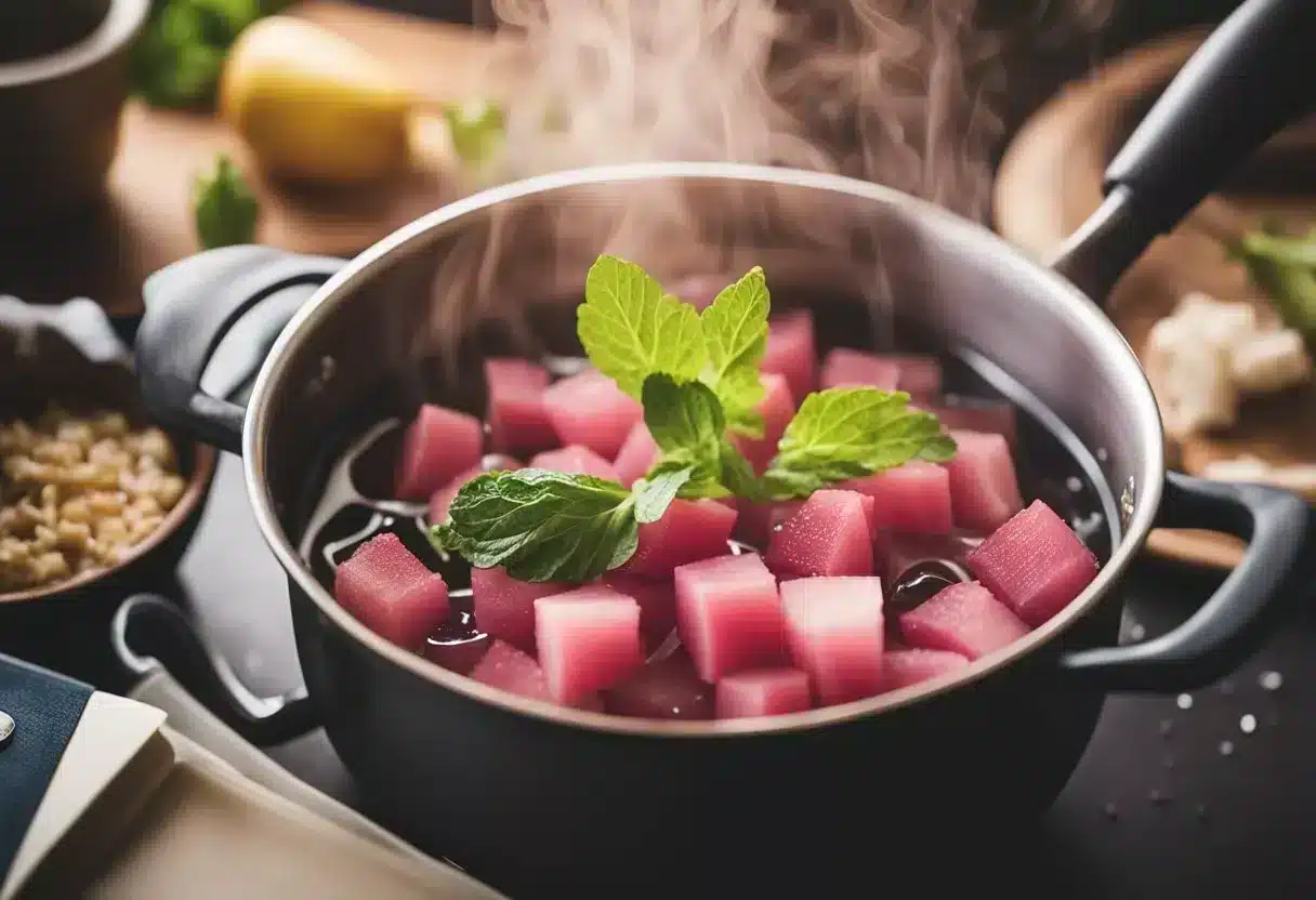 A pot of boiling water with chopped rhubarb, a spoon stirring, and a steam rising, surrounded by recipe books and a laptop