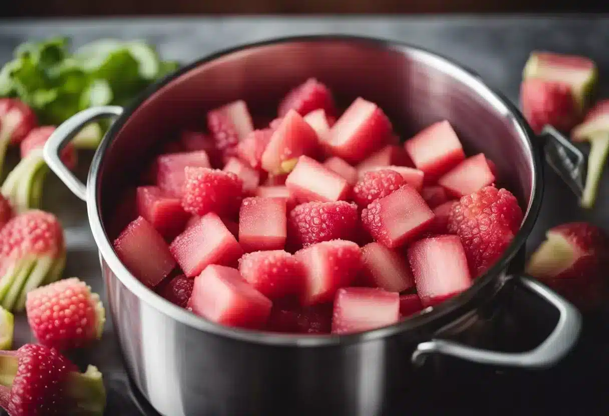 Rhubarb being washed, chopped, and simmered in a pot with sugar and water