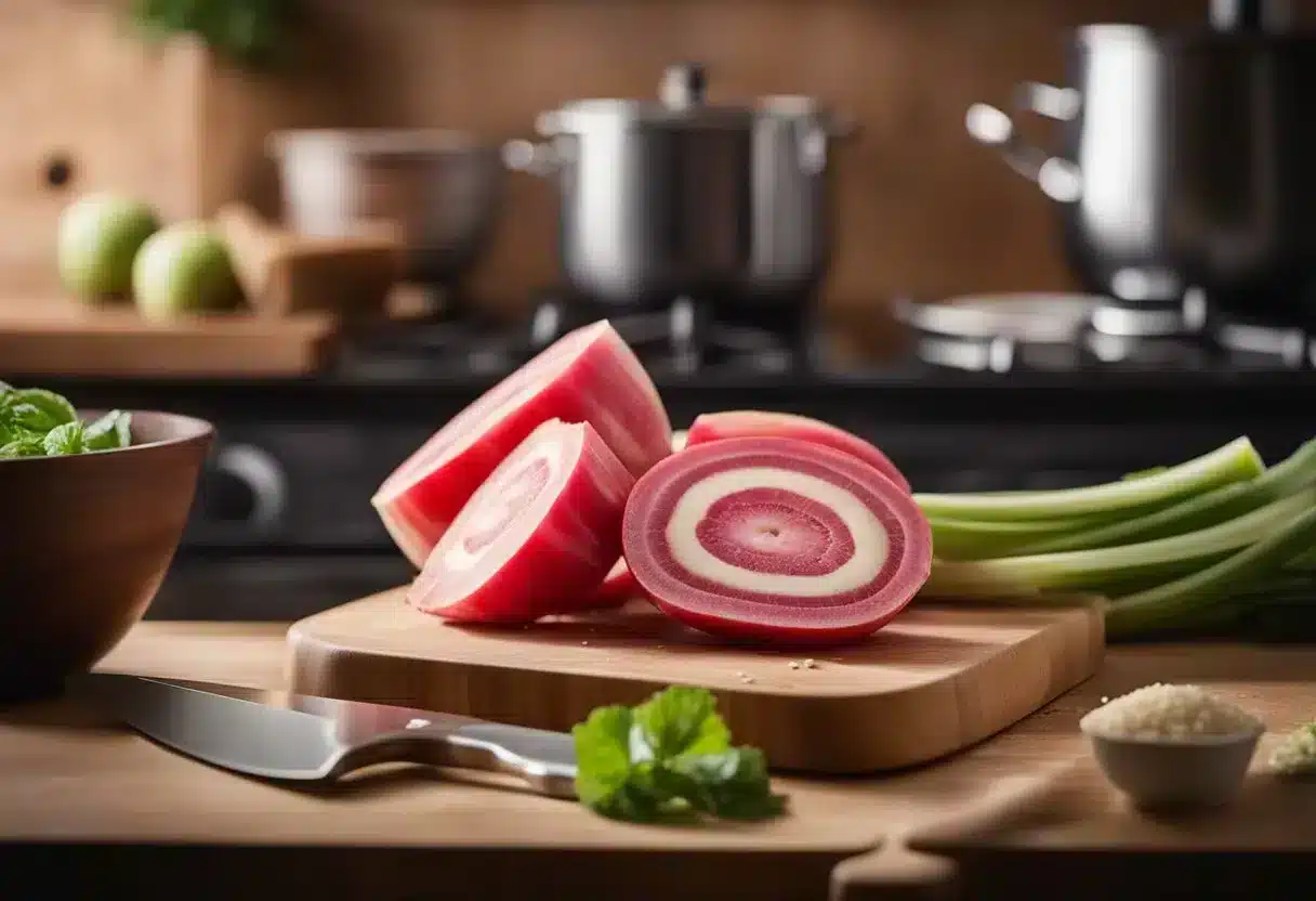 Rhubarb being chopped on a wooden cutting board, with a knife and a bowl of sugar nearby. A pot is on the stove, steam rising as the rhubarb cooks