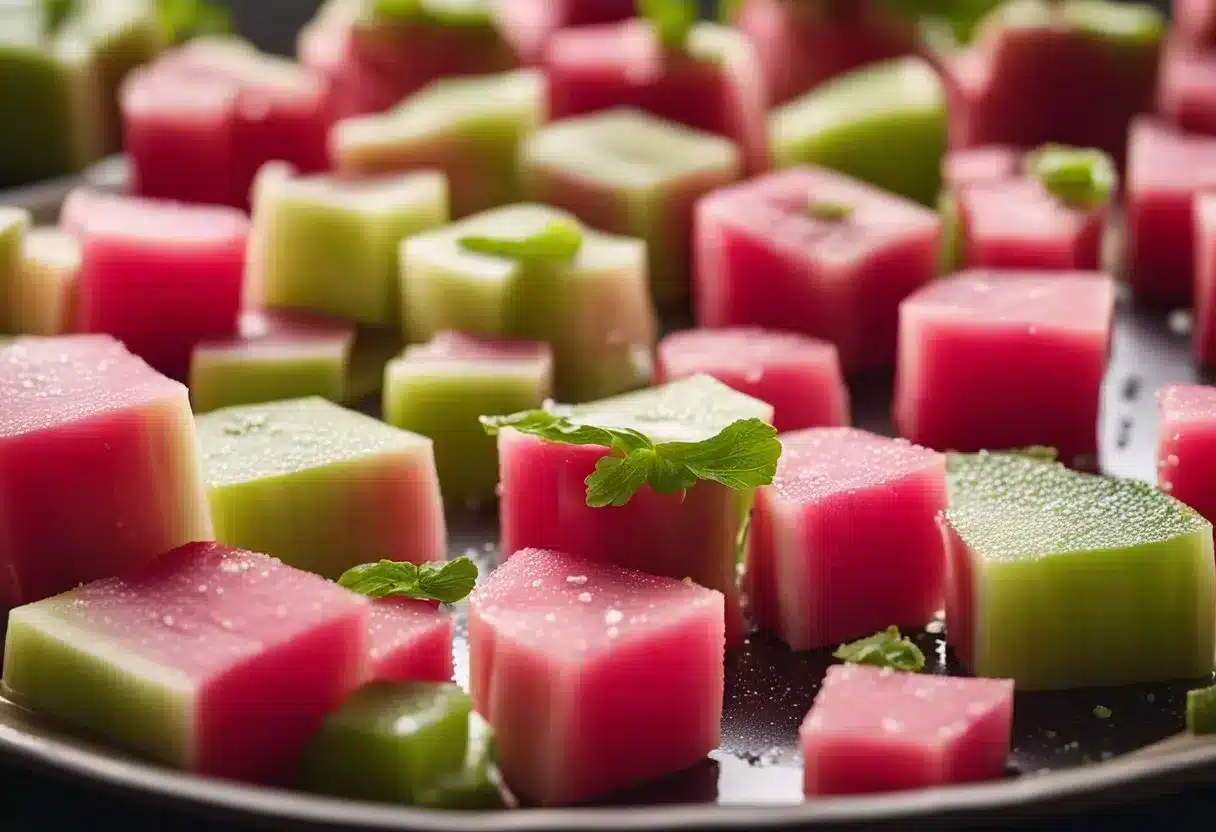 Fresh rhubarb being chopped into small pieces, mixed with sugar and placed in a baking dish