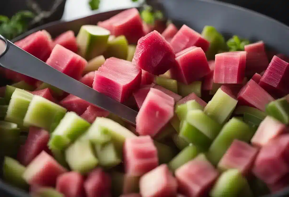 Fresh rhubarb being selected, washed, and chopped. Pieces placed in airtight container for storage