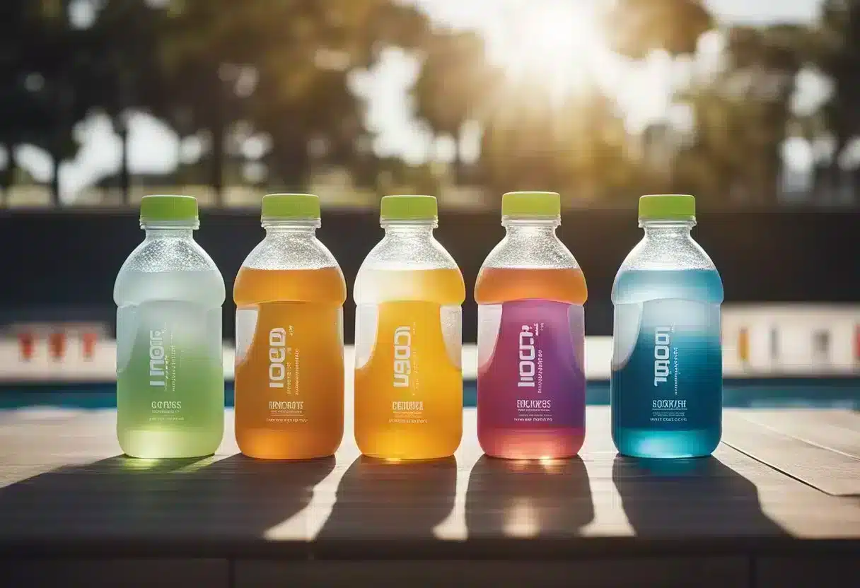 A bottle of electrolyte drink sits next to a water bottle and a towel on a bench at a sports field