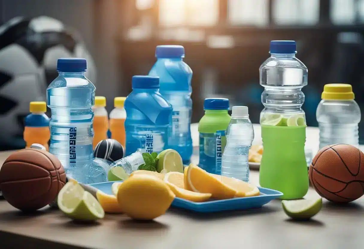 A table with various electrolyte drink bottles and packets, surrounded by sports equipment and water bottles