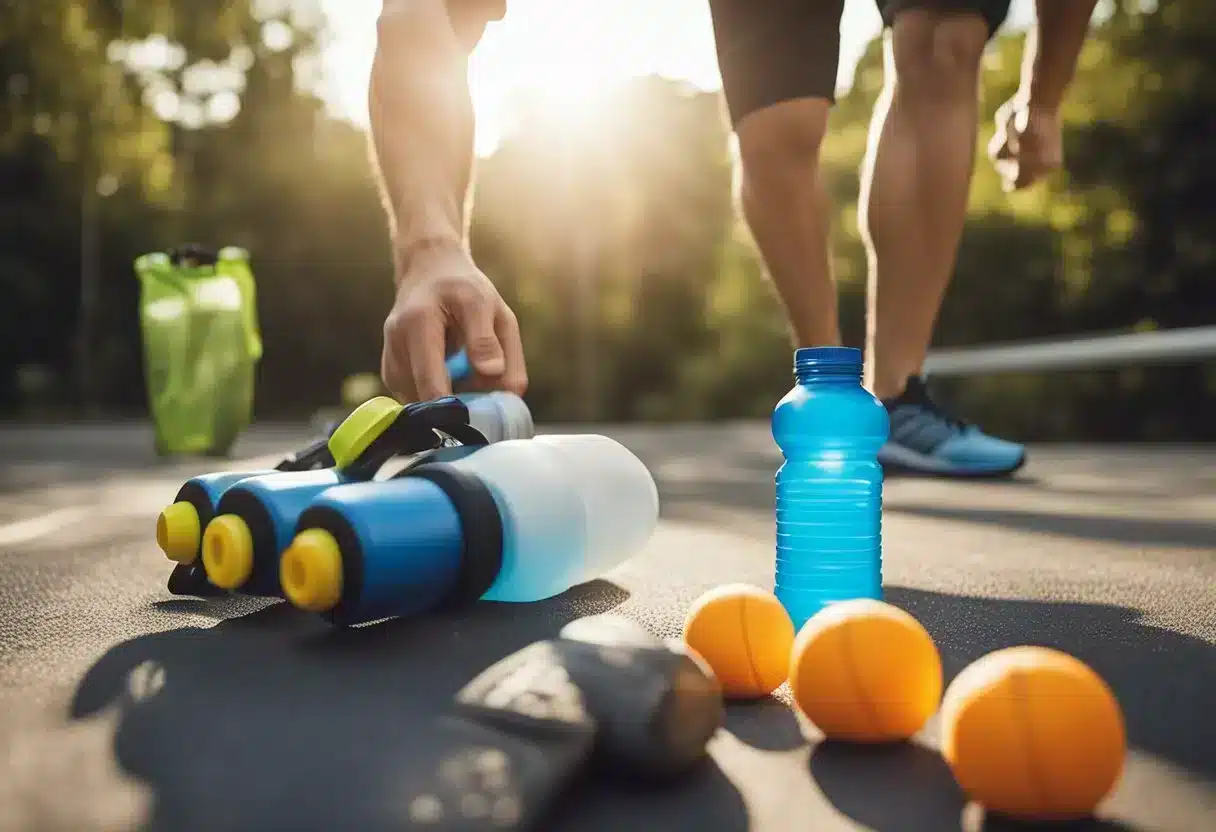 A runner reaches for a bottle of electrolyte drink, surrounded by sports equipment and exercise gear