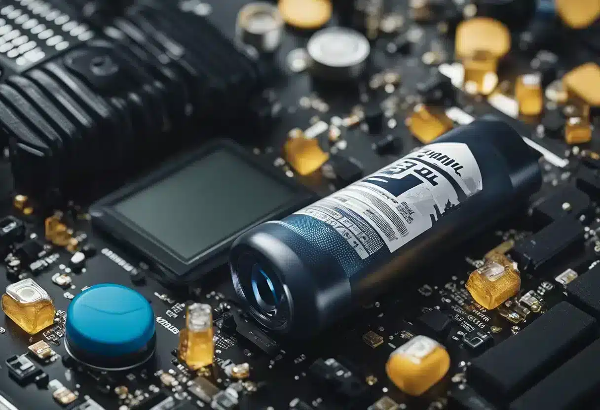 A sports drink spills on electronic equipment, causing damage. Warning signs indicate proper consumption