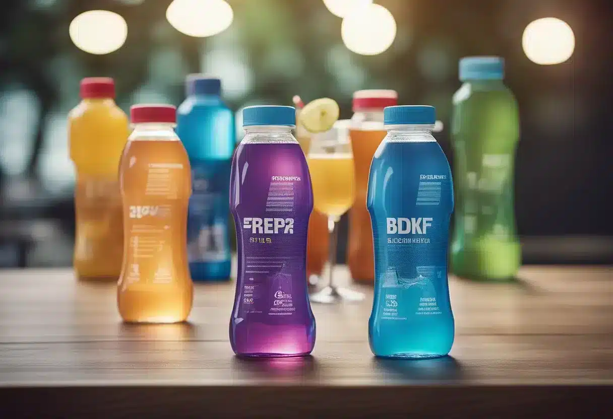 A variety of electrolyte drinks displayed on a table with sports equipment in the background