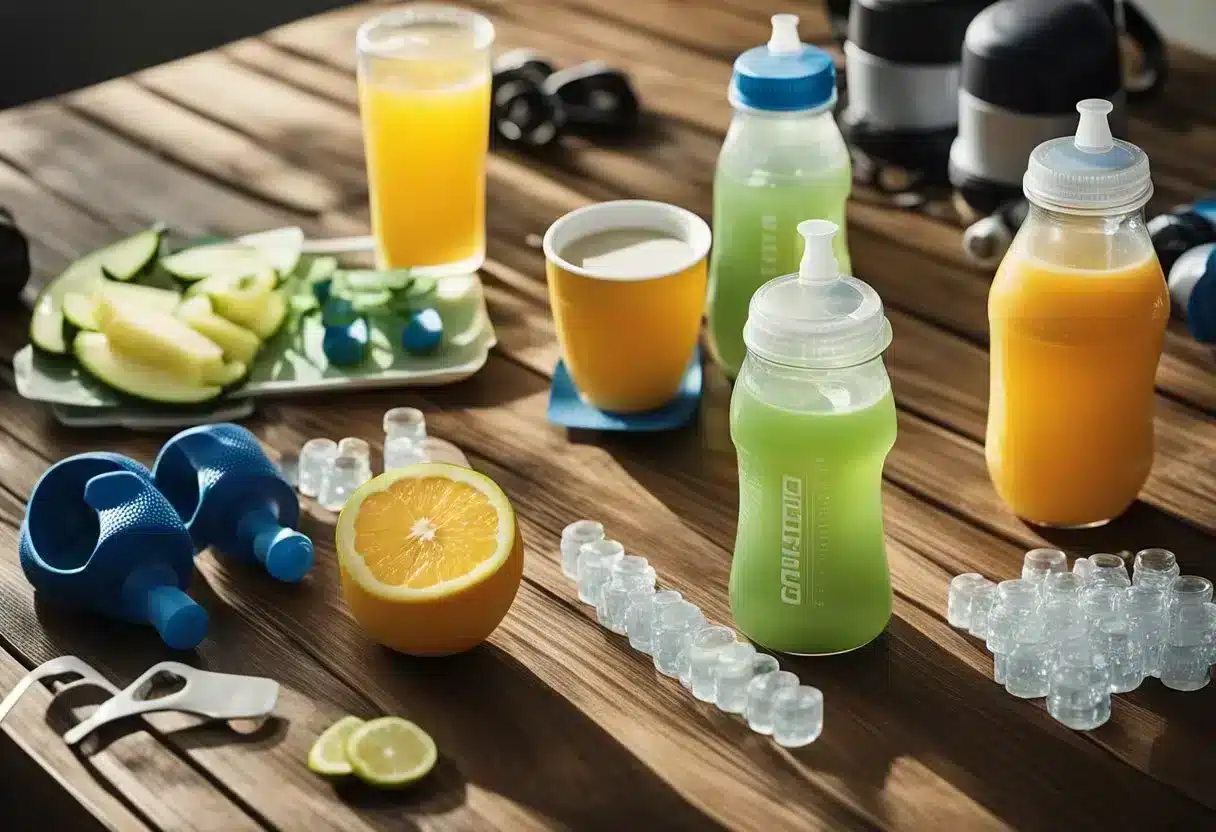 A table with various electrolyte drinks, surrounded by sports equipment and water bottles. Nutritional information displayed prominently